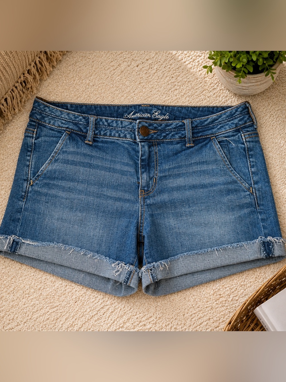 American Eagle Outfitters Distressed Blue Denim Roll-Cuff Shorts Size 12